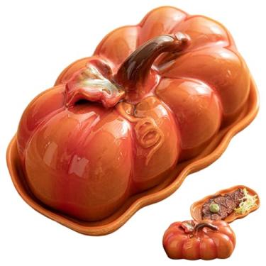 Imagem de Manteiga de Halloween de cerâmica com tampa e alça em forma de abóbora para decoração de cozinha de Halloween, pratos