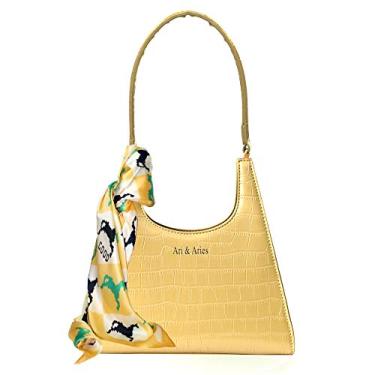 Imagem de Bolsa de ombro vintage, inspirada em 90 m, retrô, clássica, com alça curta e lenço de seda, caixa de presente completa de luxo da Ari & Aries, Butterscotch, 10.2 x 10.6 x 3 inches