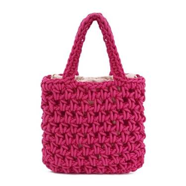 Imagem de Naimo Bolsa de praia de palha, bolsa de ombro de vime, bolsa de mão de rede de pesca, bolsa de corda de algodão, bolsa Hobo de crochê de verão, Quadrado rosa