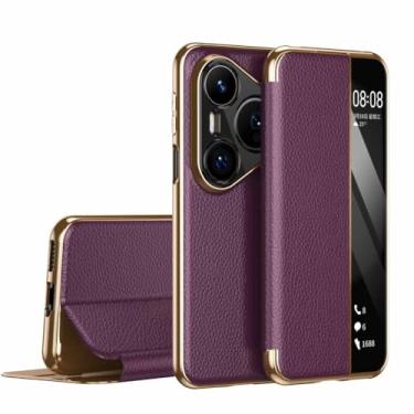 Imagem de LTLMYDAM Capa de revestimento para Huawei Pura 80 Ultra/80 Pro/80 Pro+/80, capa fina de couro lichia dobrável visível luxo borda dourada fecho magnético capa fina, roxo, 80