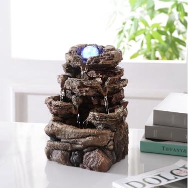 Imagem de MSEONWXI Fonte de água de rocha de mesa com bola de vidro e LED que muda de cor – Cachoeira decorativa interna para casa e escritório, design de imitação natural de resina (23064)