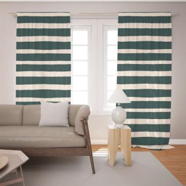 Imagem de Cortina Tecido Oxford Sala Listras Irregulares Verde e Bege - 140x220c