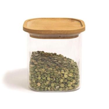 Imagem de Pote De Vidro Com Tampa De Bambu Oikos 800ml Hermético Quadrado Empilh