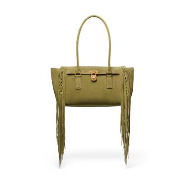 Imagem de Michael Kors Bolsa de ombro pequena Hamilton Nomad, ferragens douradas antigas/camurça franja/pistache