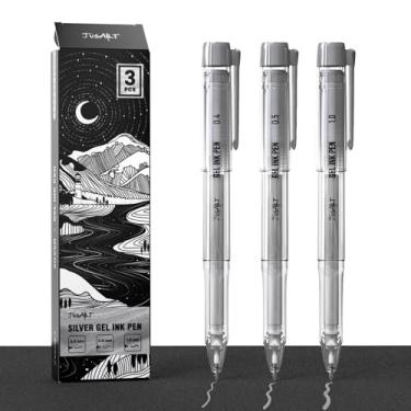Imagem de JusArt Canetas prateadas com pontas sortidas de 0,4 mm, 0,5 mm e 1,0 mm, canetas de gel de tinta opaca para papel preto, desenho, diário e artesanato DIY, canetas de desenho ideais para artistas e