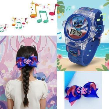 Imagem de Kit relógio Infantil Digital Pisca Luz Led toca Musica Disney Stitch L