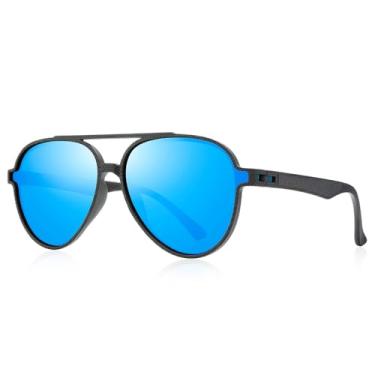 Imagem de Óculos de sol unissex polarizados para mulheres, leve, armação TR90, óculos de sol quadrados para homens/mulheres, Armação preta/lente espelhada azul/dobradiça azul, Lens Width: 57 Millimeters