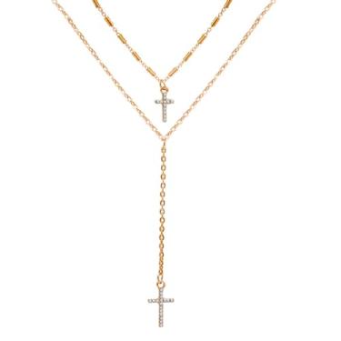 Imagem de MiiFort Colares com cruz de camada dupla, colares religiosos, joias de aniversário, presente para mulheres, filha, irmã, avó, neta, tia, amizade, One Size, Metal, Sem Pedra Preciosa
