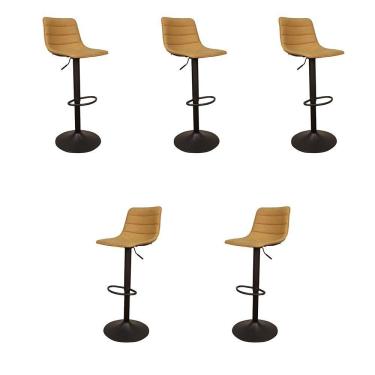 Imagem de Kit 5 Banquetas Decorativas Travis Pu Com Regulagem De Altura Base Disco C/apoio Para Os Pés Caramelo/preto G56 - Gran Belo