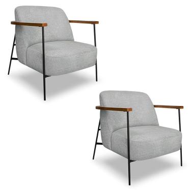 Imagem de Kit 2 Poltronas Decorativa Celeste Linho Bouclê Cinza Claro Base De Ferro Preto - Pallazio