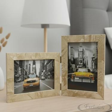 Imagem de Porta Retrato Duplo 10x15 Moldura Dourado Marmorizado Com Vidro