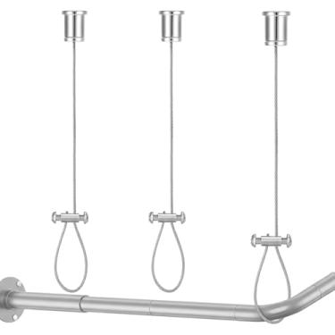 Imagem de Otoolling Pacote com 2 varões de cortina de chuveiro montados no teto, suporte de varão de cortina de chuveiro reto em forma de L, aço inoxidável, à prova de ferrugem, suporte de suspensão de teto