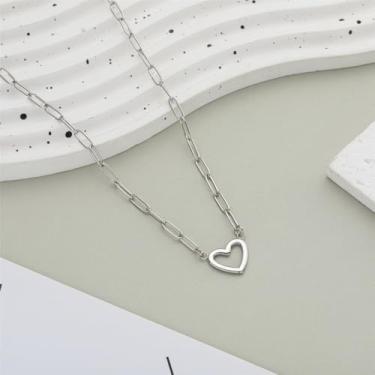 Imagem de Colar de coração feminino ouro 14K tom prata aço inoxidável oco clipe de papel colar de corrente minimalista joia 43 cm + 5 cm, 18", Metal, Sem Pedra Preciosa