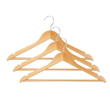 Imagem de Conjunto de Cabideiro Madeira Adulto Natural 3 Peças Gancho Metálico Design Clássico com Cava Premium