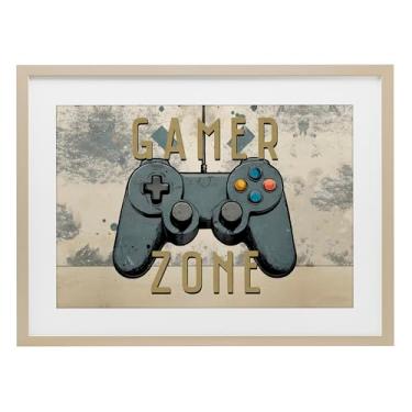 Imagem de Stupell Industries Gamer Zone com fundo abstrato Impressão emoldurada de bétula sob vidro, design de Kim Allen, 35 x 50 cm