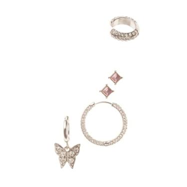 Imagem de 8 Other Reasons Conjunto de 5 peças de brincos Wicked Happy Now – argolas de orelha de borboleta e cristal com brincos de almofada rosa e punho de orelha, joias em camadas banhadas a ouro 14K
