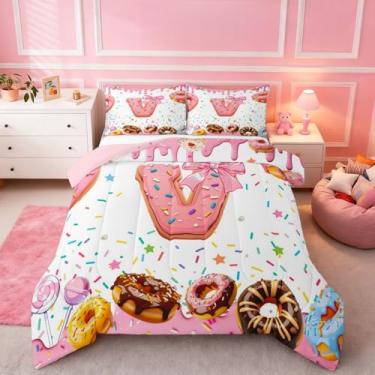 Imagem de Erosebridal Conjunto de cama solteiro com monograma, edredom de laço rosa para meninas, com inicial em V, enchimento de edredom colorido, branco, rosquinha, doce, ultramacio, moderno, conjunto de cama