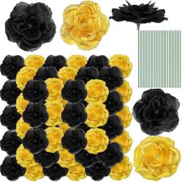 Imagem de Yunlly 100 peças de flores artificiais, rosas de seda falsas, haste longa, buquê de rosas, festa de casamento, decoração de casa para mesa de centro de chá de bebê, decoração de casa (preto e dourado)