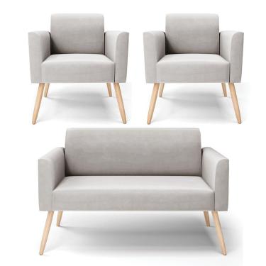 Imagem de Sofá Namoradeira Com 2 Poltronas Pés Palito Natural Marisa Veludo D03 - D\'rossi Cor Cinza