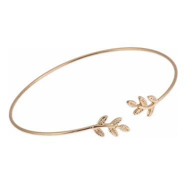 Imagem de Pulseira Feminina Aberta com Detalhe de Folhas Dourado Ajustável Moda