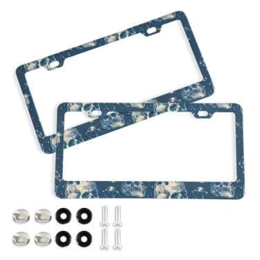 Imagem de SEHANY Molduras de placa de carro vintage rosa crânio, capas de alumínio à prova de ferrugem com furos elípticos e parafusos serve para veículos padrão dos EUA tamanho acessórios de carro para