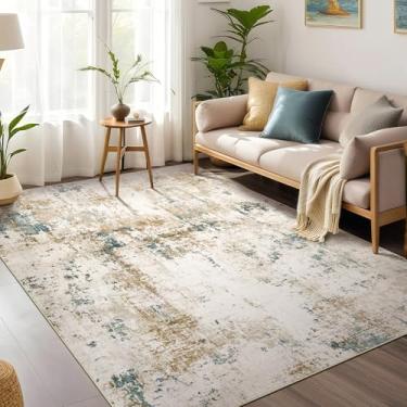Imagem de Tapete de área para sala de estar, abstrato, macio, bege, azul, moderno, lavável, antiderrapante, resistente a manchas, tapete para sala de estar, quarto, sala de jantar, escritório