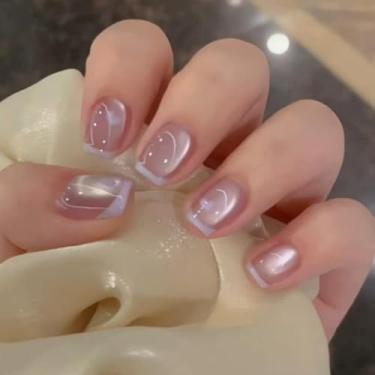 Imagem de Unhas postiças curtas quadradas francesas roxas com olho de gato simples coração Desien cobertura completa cola acrílica falsa em unha para mulheres, 30 peças