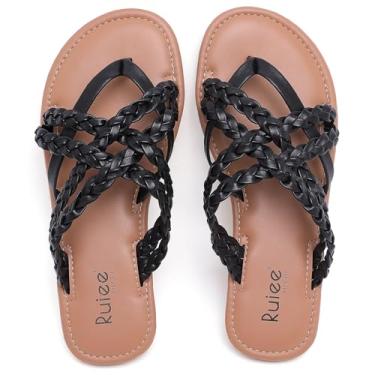 Imagem de Ruiee Sandálias rasteiras femininas de largura larga, chinelos de verão casuais trançados pés largos sandálias deslizantes confortáveis sandálias de dedo aberto sapatos de praia para mulheres., Preto