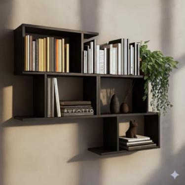 Imagem de RUFATTO - Kit 2 Nichos Zig Zag MDF 15mm Preto TX | Estante de Livros e Prateleira Decorativa de Parede 60cm