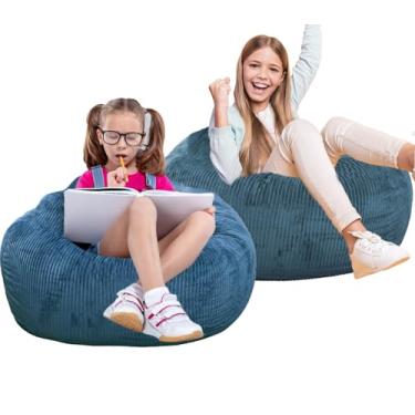 Imagem de 2 peças de poltrona clássica, com capa de pele sintética de coelho para adolescentes e crianças, poltronas de saco de feijão de espuma de memória, tecido de pele sintética ultramacio, sofá redondo de