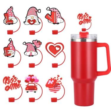 Imagem de 9 peças de tampas de cobertura de palha de Dia dos Namorados fofo amor coração design gnomo topo de palha 10 mm tampas de ponta de silicone durável para 30 copos de 1,134 g