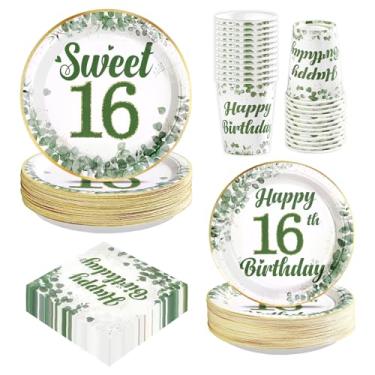 Imagem de Greencian Conjunto de utensílios de mesa de aniversário de 16 anos de decoração de festa verde sálvia, 250 peças, inclui pratos, guardanapos, copos para crianças de 16 anos, suprimentos para