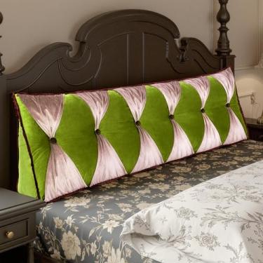 Imagem de BNCKTRD Almofada de leitura triangular, cunha, cabeceira, encosto, apoio para as costas, tamanho queen, sentado na cama, almofada de parede, cabeceira, capa de veludo, verde com rosa