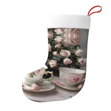 Imagem de Xícaras de chá com rosas estampa gasta romântica meia de Natal decoração de Natal festa casa escritório férias lareira meias penduradas