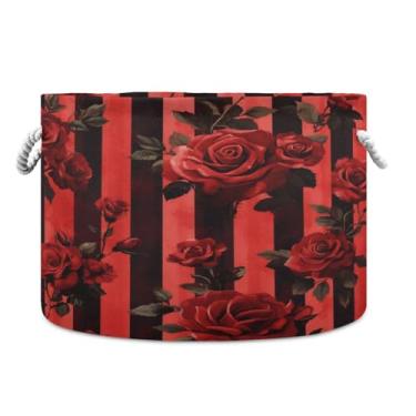 Imagem de JUZIHAI Caixa de armazenamento grande para o Dia dos Namorados Stripe Roses, cesto de roupa suja dobrável à prova d'água com alças de corda de algodão para organização doméstica no quarto, banheiro e
