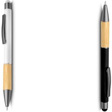 Imagem de Caneta Esferográfica em Alumínio Reciclável com Bambu, Escrita Azul, Ponta Touch, Refil Parker, Executiva (Branco e Preto)