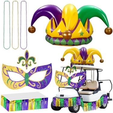 Imagem de RoundFunny Decorações de carrinho de golfe de carnaval de carnaval de carnaval de carnaval de carnaval de carnaval inflável, colares de máscara de glitter e acessórios para carros festivos com borlas