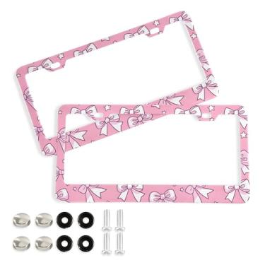 Imagem de SEHANY Lindas molduras de placa de licença de laço rosa, moldura de placa de carro de alumínio à prova de ferrugem com orifícios elípticos e parafusos serve para veículos padrão dos EUA tamanho