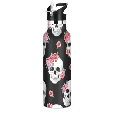 Imagem de Joisal Garrafa de água isolada de aço inoxidável de 590 ml com tampa de canudo para bebidas frias ou quentes, caveiras brancas, flores florais, rosa, parede dupla, vácuo, livre de BPA, copos de viagem