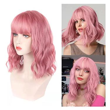 Imagem de Naroote Peruca de Cabelo Curto Encaracolado e Ondulado Com Peruca Macia e Respirável para Mulheres, Adequada para Uso Diário e Eventos Formais, Material Sintético de Alta Temperatura, 9,4 X 5,9 X 1,6 pol. (Rosa claro)