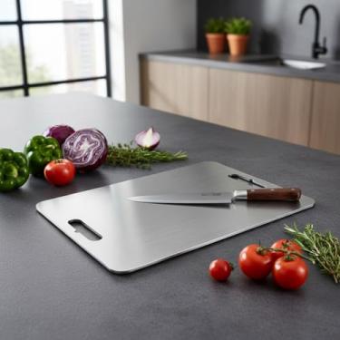 Imagem de Tábua de Corte em Aço Inoxidável 304 Qualidade Alimentar, 34x23 cm, Antibacteriana, Antimofo, Fácil Limpeza