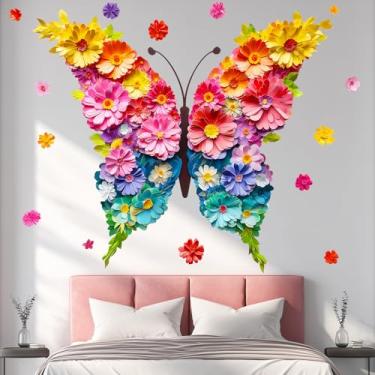 Imagem de VePret Decalques de parede de borboleta de flores grandes que descascam e colem, adesivos de parede de borboleta de papel floral, vinil removível, decoração de casa, papel de parede artístico para