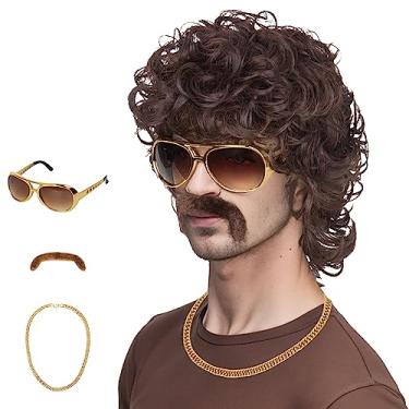 Imagem de Perucas masculinas para fantasia dos anos 70 e 80 com óculos de bigode e corrente, marrom, para cantor, rock, hippie, retrô, cosplay, festa de Halloween