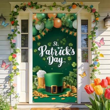 Imagem de BVBOX Decorações de banner do Dia de São Patrício 89,9 cm x 179,8 cm Capas de porta de mola de tecido tema do dia de São Patrício Bem-vindo para pendurar na porta da frente para suprimentos de