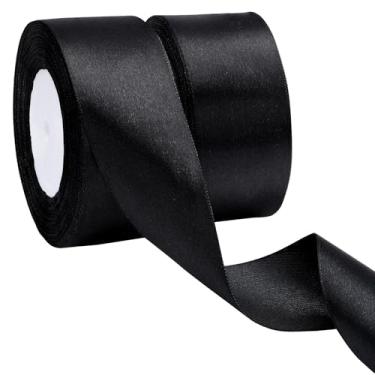 Imagem de EUSOAR Fita de cetim preta, 2 rolos de 3,8 cm x 50 m, fitas de seda para embrulho de presente, buquê de flores feito à mão, convite de casamento, festa, decoração de casa, laço de chuveiro, costura