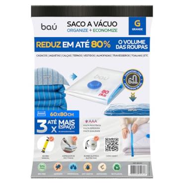 Imagem de Saco a Vácuo Organizador 80 Plus Kit 1 unidade (G) 60x80 cm | Reduz 80% do volume | Roupas, edredom, viagem | Reutilizável, 80 micras, válvula dupla
