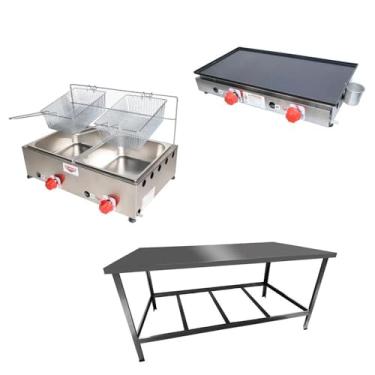 Imagem de Kit Lanchonete Mesa de Manipulação 120x55cm + Fritadeira a Gás 2 Cuba + Chapa a Gás 60cm Alcamar