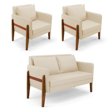Imagem de Kit 1 Sofá Namoradeira e 2 Poltronas Lana Linho Base de Madeira - D'Rossi