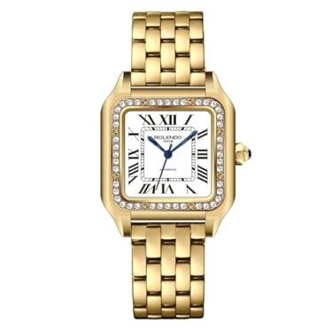 Imagem de ROLENDO Relógio feminino automático, relógio quadrado de luxo, relógios dourados para mulheres com diamante, algarismos romanos, relógios elegantes de 33 mm, pulseira de aço inoxidável, relógios de
