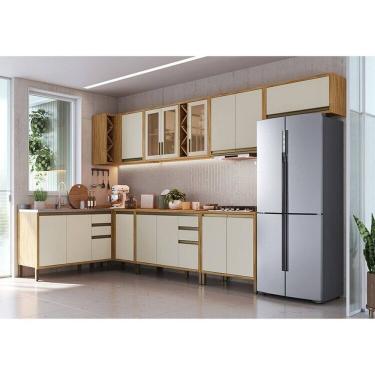 Imagem de Cozinha Modulada Completa 8 Peças 14 Portas com Tampo 100% Mdf 378cm Barbados Espresso Móveis Amêndoa/Off White